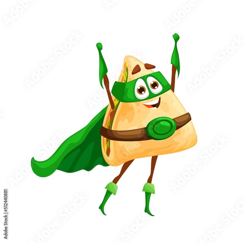 Cartoon mexican quesadilla superhero character. Funny vector powerful super hero tex mex personage with raised hands in green cape, boots, gloves and mask, isolated fairytale food character