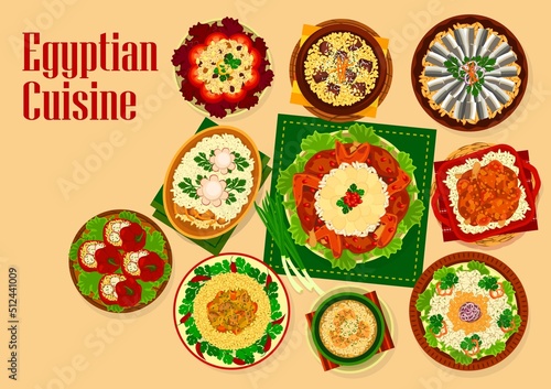 Egyptian cuisine vector food of rice dishes with meat, vegetable and fish. Rice pilaf with lamb, chicken, duck and anchovies, meatball soup, stuffed tomatoes, lentil, couscous and egg barley
