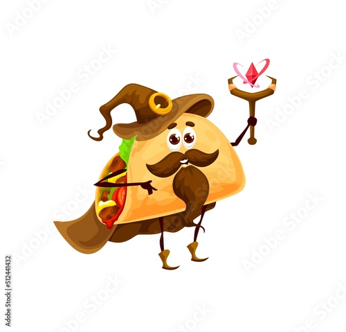 cartoon mexican tacos sorcerer character. Mexican cuisine fast food meal wizard character with magic wand, isolated cheerful mage tacos isolated vector personage in hat and cloak