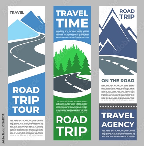 Road trip travel banners, journey and tourism agency. Vector highway, summer travel tours and road tourism banners. Pathway road in forest or highway mountains