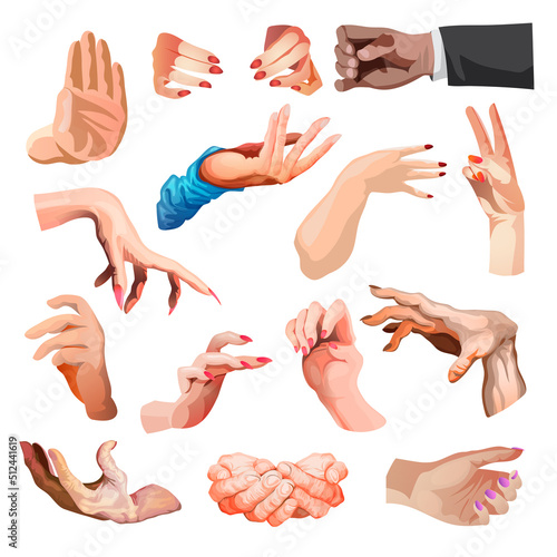 Hands poses. Female and male hand holding and pointing gestures, fingers crossed, fist, peace and thumb up. Cartoon human palms and wrist vector set. Communication or talking with emoji for messengers