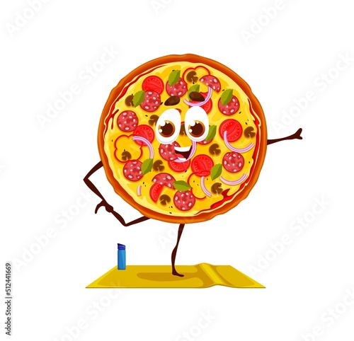 Cartoon funny pizza character on yoga fitness. Fast food cafe meal personage, isolated happy salami pizza or takeaway food cute vector character doing stretching exercise on fitness mat