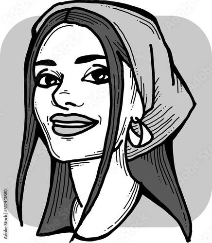 Beautiful girl wear romantic scarf. Pretty woman with attractive face, bright eyes and lips. Fashion model dress summer hat. Hand drawn vector illustration. Old style comic cartoon character drawing.