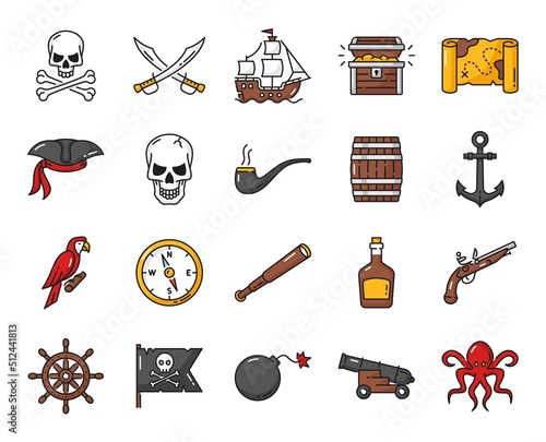 Caribbean pirates outline icons. Vector ship, cannon, captain and chest, compass, anchor, skull and treasure map line icons, crossed swords, hat and parrot, black flag, boat helm, rum isolated symbols
