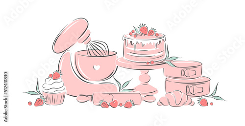 Kitchen tools, different desserts, pastry dishes, ingredients for baking items. Cutlery, mixer, cake, croissant and berry. Vector illustration  for coffee shop, restaurant, menu. 