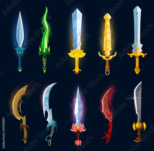 Medieval fantasy magic blades, swords, axes, daggers and sabres. Cartoon knight weapon icons game asset. Vector magical swords and knives with gemstones, claws and fangs on hilts, ui or gui design