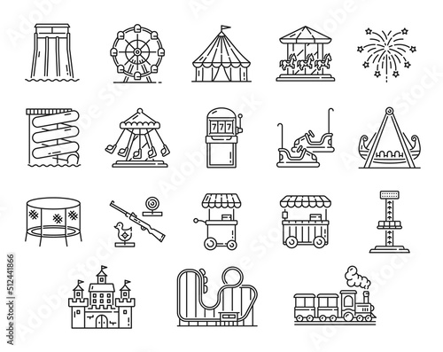 Leinwand Poster Amusement park playground with funfair carousel, rollercoaster and roundabout, vector outline icons