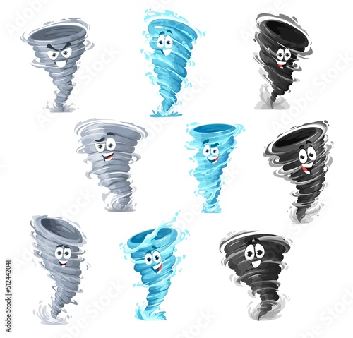 Cartoon tornado mascots, vector storm whirlwind or twister cyclone, vector weather characters, Sport club emblem or varsity team league mascot of tornado hurricane