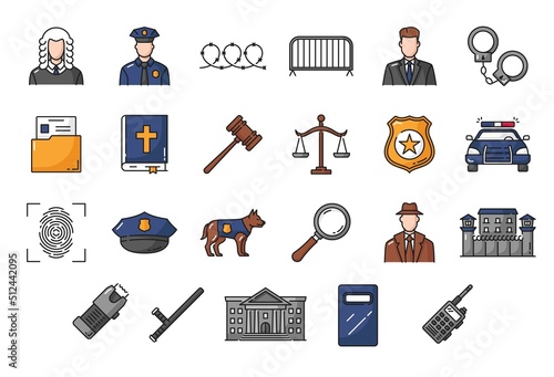 Justice, legal service and police, court law and lawyer, vector outline icons. Line symbols of police officer and badge, jail and judge gavel, handcuffs and fingerprint with detective magnifier