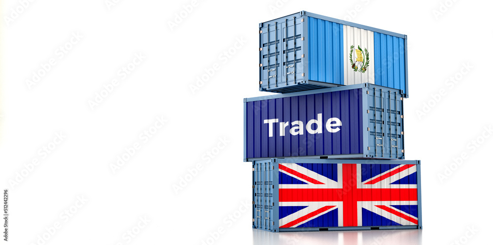 Fototapeta premium Cargo containers with United Kingdom and Guatemala national flags. 3D Rendering