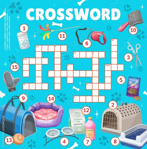 Cat and kitten pet care crossword grid worksheet, find word vector quiz game. Kids education crossword riddle with pets accessories, vitamins and scissors, food bowl and snacks, pet toy and shampoo