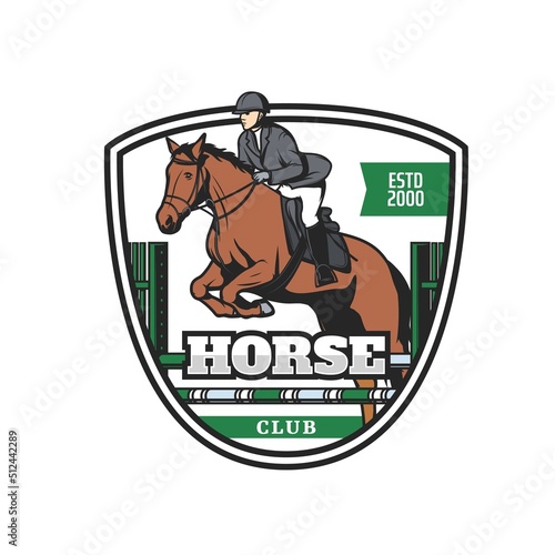 Horse club retro icon jockey on stallion jumping over obstacle. Equestrian sport professional competition vector badge or emblem. Horse jump show sport club retro icon or sticker