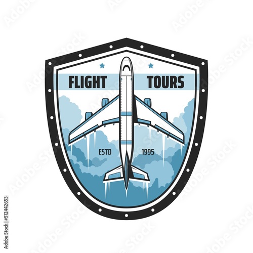 Flight tours icon with airplane, air travel and tourism, vector airlines sign. Aviation and avia travel flights on charter and private jets for holiday and vacations air journey