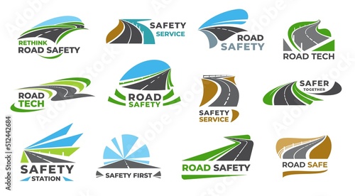 Safety road highway icons, pathway of car traffic and transport drive streets, vector symbols. Safe road path way and roadway construction or service station, travel route driveway or highway icons