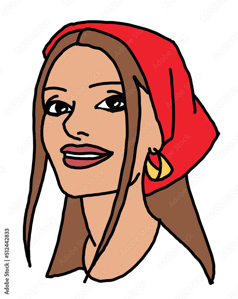 Beautiful girl wear romantic scarf. Pretty woman with attractive face, bright eyes and lips. Fashion model dress summer hat. Hand drawn illustration. Old style comic cartoon character drawing. Beautiful girl wear romantic scarf. Pretty woman with attractive face, bright eyes and lips. Fashion model dress summer hat. Hand drawn illustration. Old style comic cartoon character drawing.