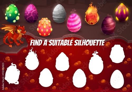 Cartoon dragon and eggs in cave, find a suitable silhouette vector game worksheet. Kids educational puzzle or quiz, find and connect correct shadows riddle with colorful dragon eggs on lava background