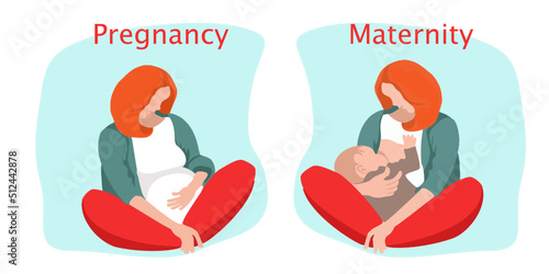he concept of pregnancy and motherhood. Young pregnant woman sitting in the lotus position. Young mother breastfeeds baby