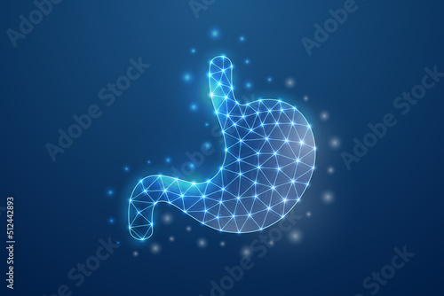 Stomach 3d symbol in blue low poly style. Digestive system, human transplantation design concept illustration. Organ anatomy polygonal wireframe.