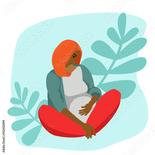 Pregnancy and motherhood concept. Young pregnant  african woman sitting in lotus position.