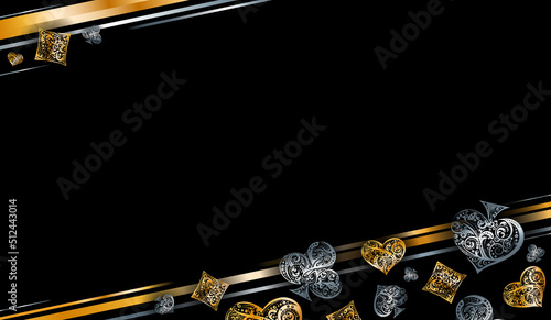 Horizontal background with vector playing card suit symbols made by floral elements. Vintage luxury illustration in silver and golden colors on black backdrop. Poker banner