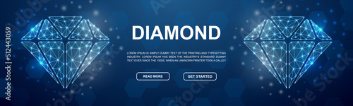 Diamond polygonal symbol for promotion banner. Horizontal low poly poster illustration for landing page. Jewelry design template illustration concept.
