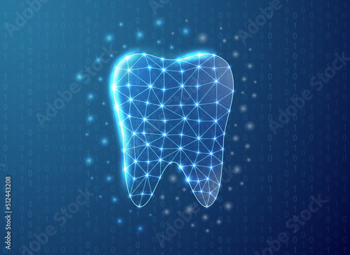 Tooth polygonal symbol with binary code background. Dentistry concept design vector illustration. Blue Stomatology low poly symbol with connected dots