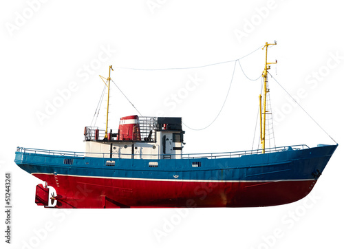 Old red blue museum fishing boat isolated on white background. Ventspils, Latvia. Copy space. Graphic resources for wall art, cards, charts and drawings, 3D modeling, ship scale model photo