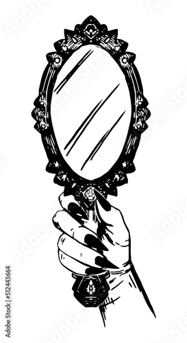 Ink sketch of witch's hand holding a mirror. Halloween vector illustration. Retro outline clipart for decor isolated on white.