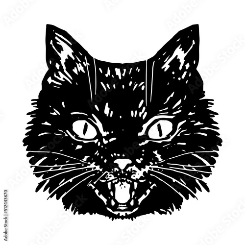 Angry black cat face. Hissing cat halloween vector illustration. Realistic ink sketch of witch familiar animal. Clipart for decor isolated on white.