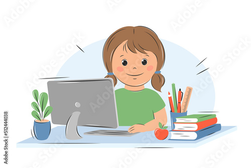 Little girl studies with computer and books. Online education, home school concept. Vector illustration