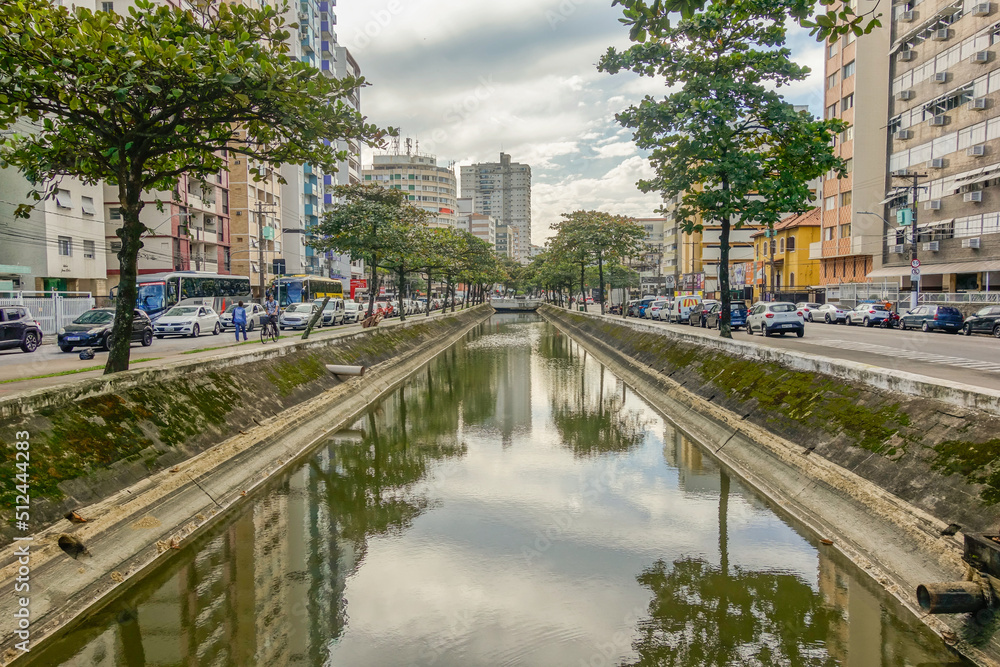 Santos city canal, flowing through town into the sea. Brazil