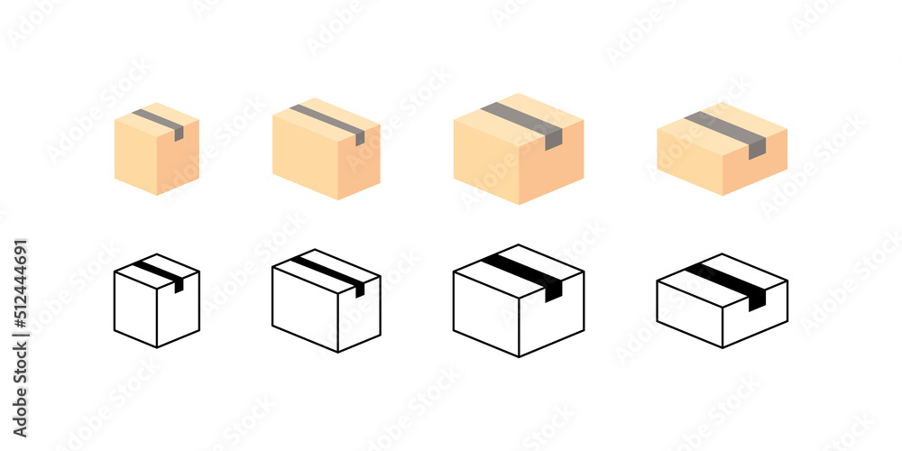 Delivery box vector set. Deliver postal shipping package. Parcel shipment flat and linear symbol collection.