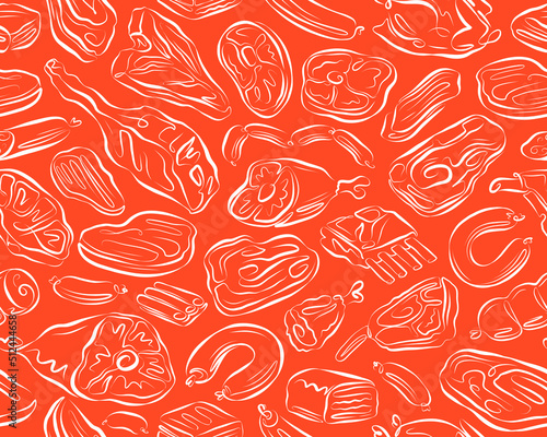 Meat seamless pattern. Barbecue or grill food concept background. Vector illustration