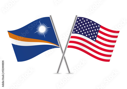 The Marshall Islands and America crossed flags. Marshallese and American flags on white background. Vector icon set. Vector illustration.