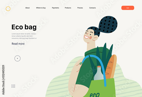 Ecology - Eco bag -Modern flat vector concept illustration of a young woman holding a reusable grocery bag. Creative landing web page template