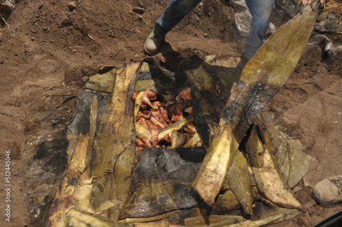 pollos y conejos horneados en barbacoa puestos en pozo cubiertos con penca de maguey valle del mezquital hidalgo México 