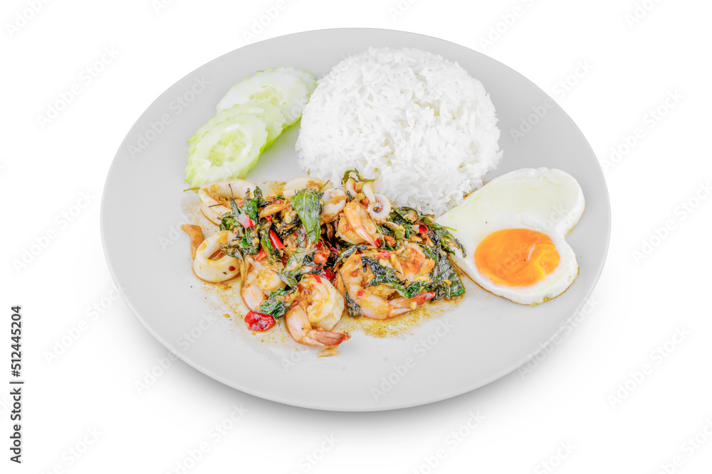 Stir- fried Shrimp and Squid with Basil, Thai food menu Isolated on white top view. Stir- fried Shrimp and Squid with Basil, Thai food menu Isolated on white top view.