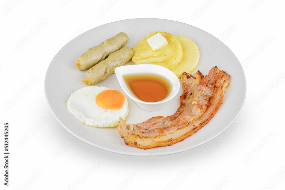 bacon egg and sausage breakfast set isolated on white. bacon egg and sausage breakfast set isolated on white.