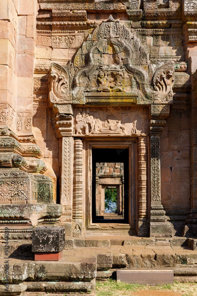 The entrance to the ancient religious site is decorated with carved sandstone. Prasat Khao Panom Rung Thailand