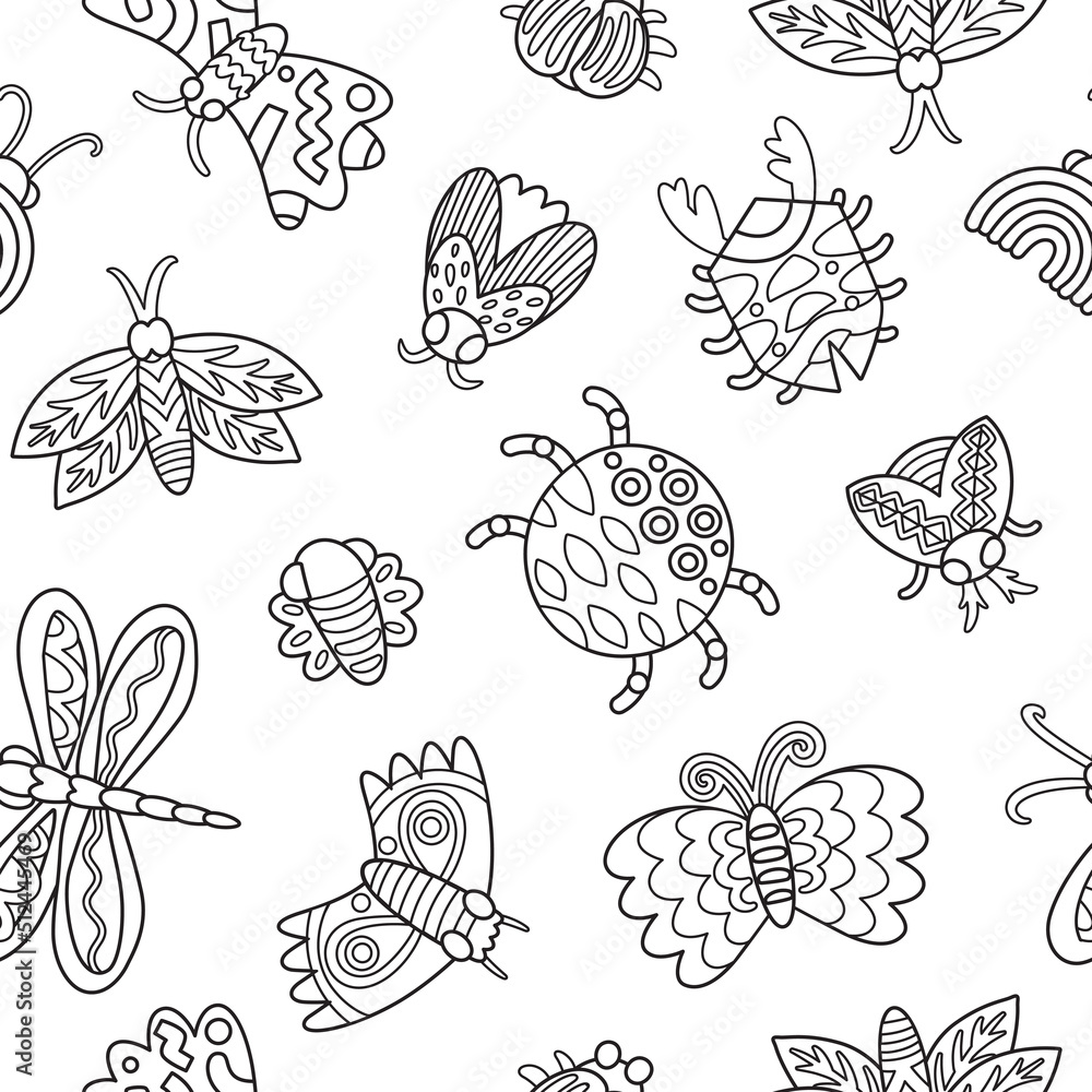 Black and white seamless pattern with beetles, spiders, moths and butterflies in cartoon style Black and white seamless pattern with beetles, spiders, moths and butterflies in cartoon style
