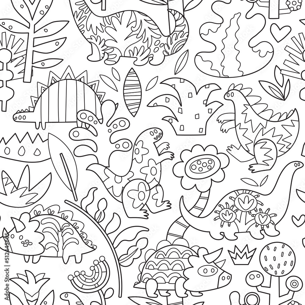 Black and white seamless pattern with cartoon dinosaurs, plants, and flowers for coloring book Black and white seamless pattern with cartoon dinosaurs, plants, and flowers for coloring book