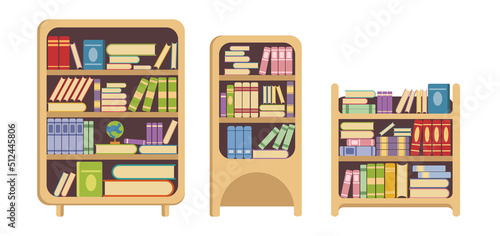 Set colorful shelves with books in cartoon style. Vector illustration of shelves for a library or apartment interior on white background.
