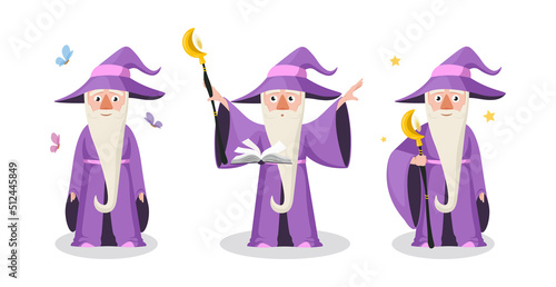 Vector illustration of cute and beautiful ancient magicians on white background. Charming characters in different poses, a magic book, walks with a staff and around a star in cartoon style.
