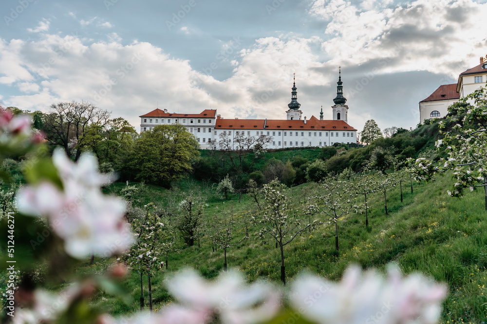 View of Strahov Monastery with church of the Assumption of the Blessed Virgin Mary,Prague panorama,Czech Republic,blooming spring trees.Romantic calm atmosphere.Beautiful sightseeing,travel scenery