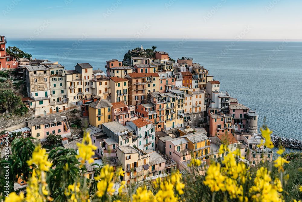 View of Manarola,Cinque Terre,Italy.UNESCO Heritage Site.Picturesque colorful village on rock above sea.Summer holiday,travel background.Italian Riviera landscape.Houses on steep cliff,vineyards. - obrazy, fototapety, plakaty 
