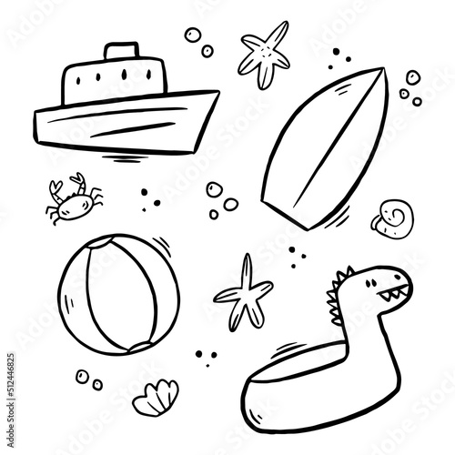Summer doodles set collection. Hand drawn doodle icons for decorating vacation booklet, poster, postcard. Black and white vector illustration. Line art for decor. Isolated on white background.