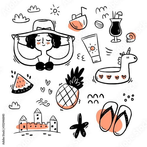 Hand drawn vacation black and white doodle elements with one color on the white background. Doodle set of summer icons for decor poster, t shirt, booklet, brochure, postcard.