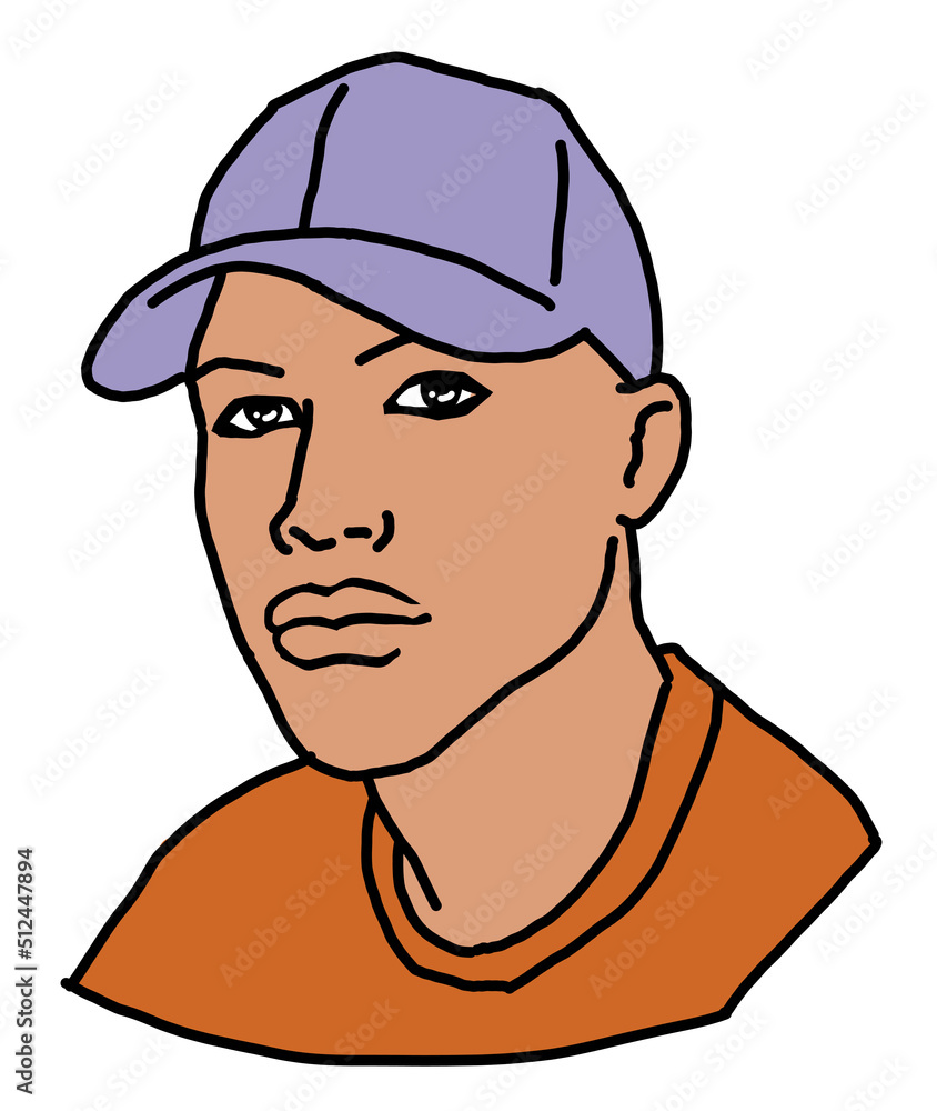 Handsome man wear stylish cap. Friendly face portrait. Street urban fashion for hipster, model, student, young, adult. Hand drawn retro vintage illustration. Old style comic cartoon drawing. Handsome man wear stylish cap. Friendly face portrait. Street urban fashion for hipster, model, student, young, adult. Hand drawn retro vintage illustration. Old style comic cartoon drawing.