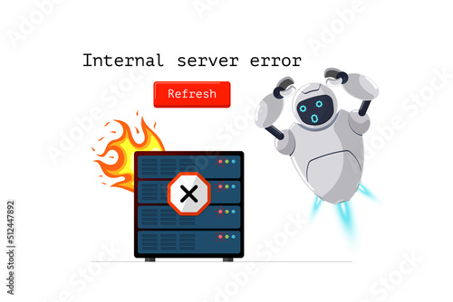 Internal server error website page. Http status code 500. Internet connection failure with oops worried robot character banner. Chatbot mascot on web design template. Https fail vector eps concept