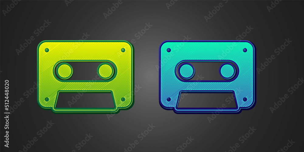 Fototapeta premium Green and blue Retro audio cassette tape icon isolated on black background. Vector